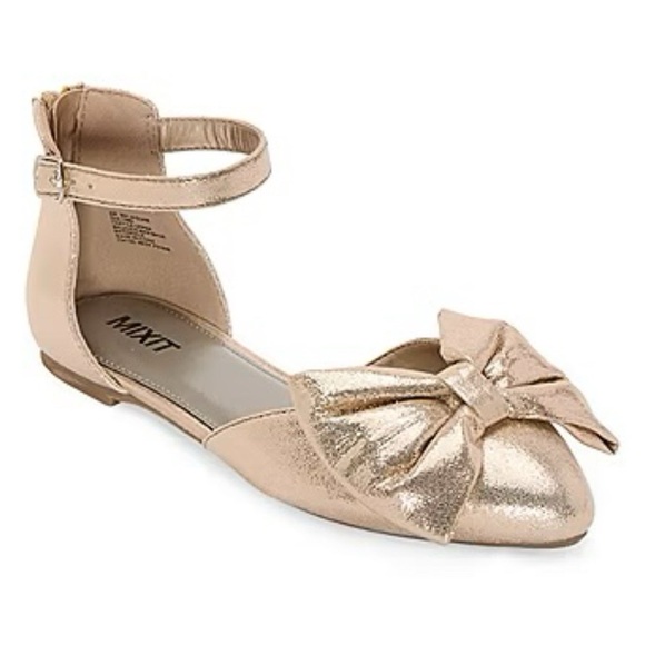 Mix It Shoes - Mix It - Metallic Gold Pointed Toe Bow Slingback Heel Zip Ballet Flats NWT